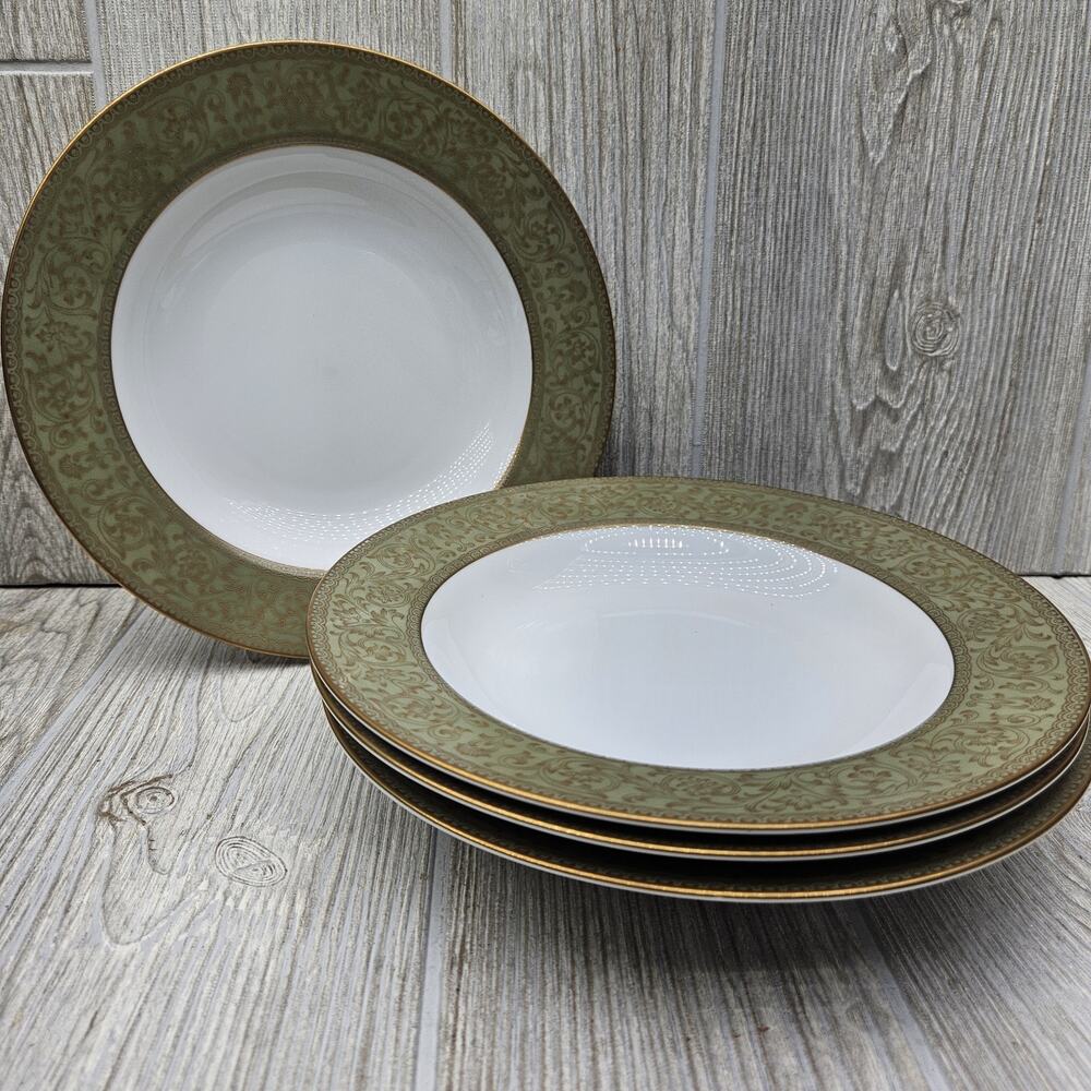 Set Of 4 Sango China Versailles Rim Soup Bowls 8 1/2" Japan #3632 Green Gold